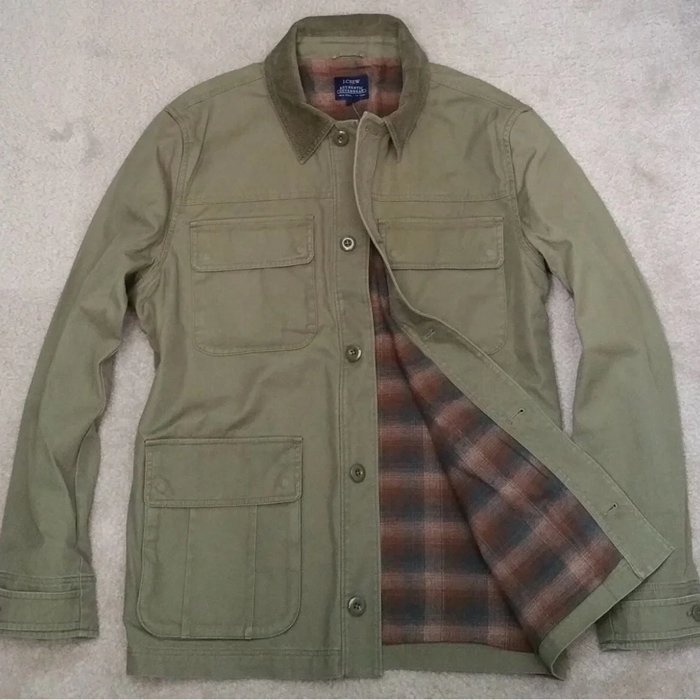 NWT J Crew Barn Jacket Flannel Lined Corduroy Collar Olive Green Small